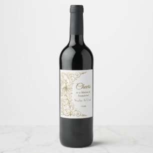 Glamourous White Gold Art Deco Peacocks Wedding Wine Label
