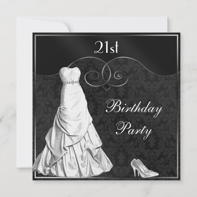 Glamourous White Gown Black Silver 21st Birthday Invitation (Front)