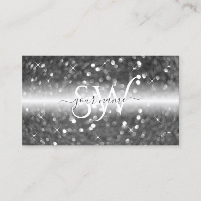 Glamourous White Silver Sparkling Glitter Initials Business Card (Front)