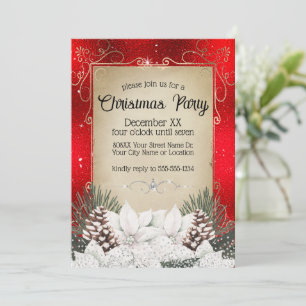 Glamourous Winter Floral White Poinsettias on Red Invitation
