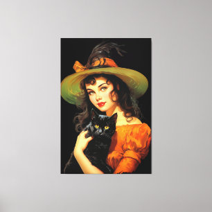 Glamourous Witch Vintage Halloween Pin-up Art Canvas Print