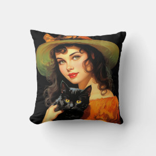 Glamourous Witch   Vintage Halloween Pin-up Art Throw Pillow