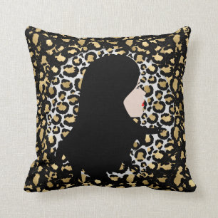 Glamourous Woman on Two-Tone Leopard Print Throw Pillow