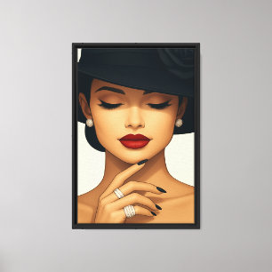 Glamourous Woman with Red Lips and Black Hat Canvas Print
