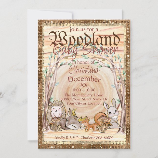 Glamourous Woodland Animals Baby Shower Invitation (Front)