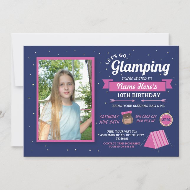 Glamping Camp Photo Sleep Over Girl's Invitation (Front)