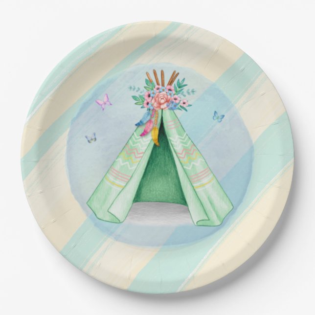 Glamping Camping Green Tent Sleepover Outdoors Paper Plate (Front)