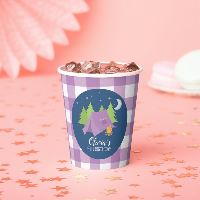 Glamping Girl Camping Birthday party purple plaid Paper Cups (Insitu)