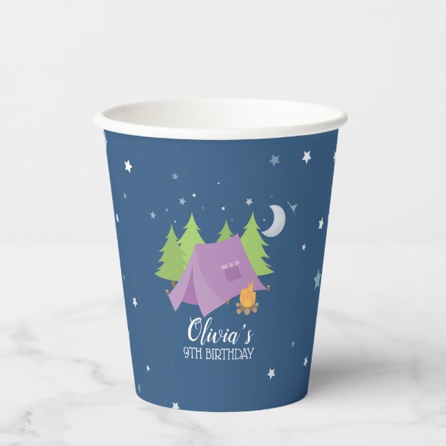 Glamping Girl Camping Birthday party purple tent Paper Cups (Front)