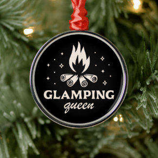 Glamping girl camping funny black aesthetic metal ornament