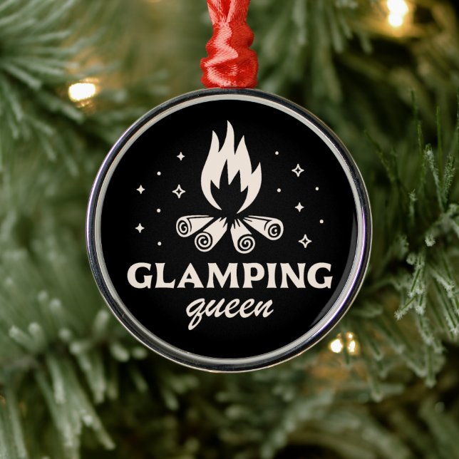 Glamping girl camping funny black aesthetic metal ornament (Tree)