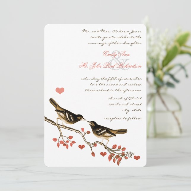 Glamping Lovebird Coral Enchanted Forest Wedding Invitation (Standing Front)