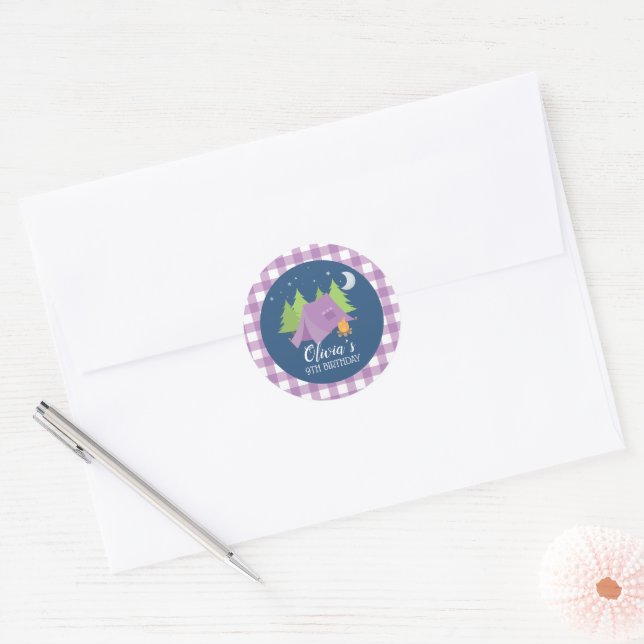Glamping Purple plaid Camping Sleepover birthday Classic Round Sticker (Envelope)