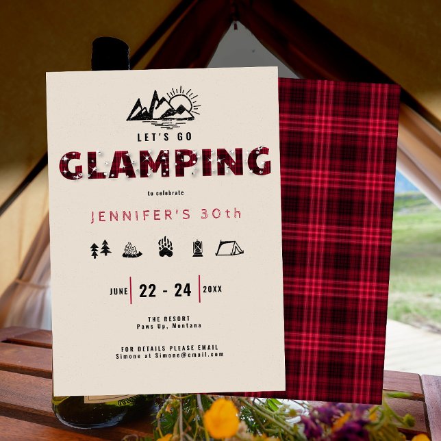 Glamping Red Plaid Rhinestones 30th Birthday Party Invitation (Creator Uploaded)
