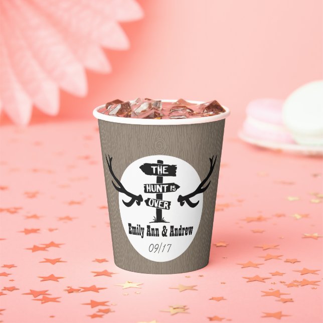Glamping Rustic Country Hunt is Over Barn Wood Pap Paper Cups (Insitu)