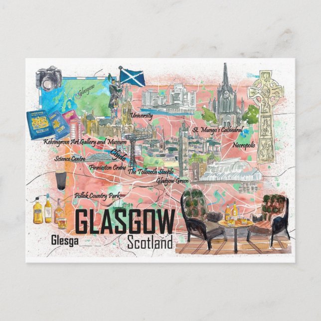 Glasgow Écosse Carte de voyage illustrée avec rout (Devant)