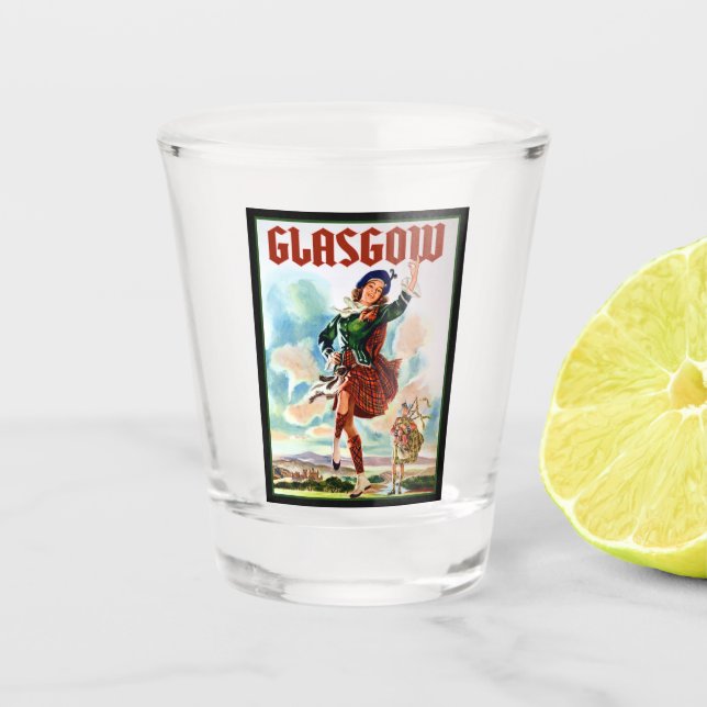 Glasgow Scottisn Girl Dancing with Bagpiper Shot Glass (Front)