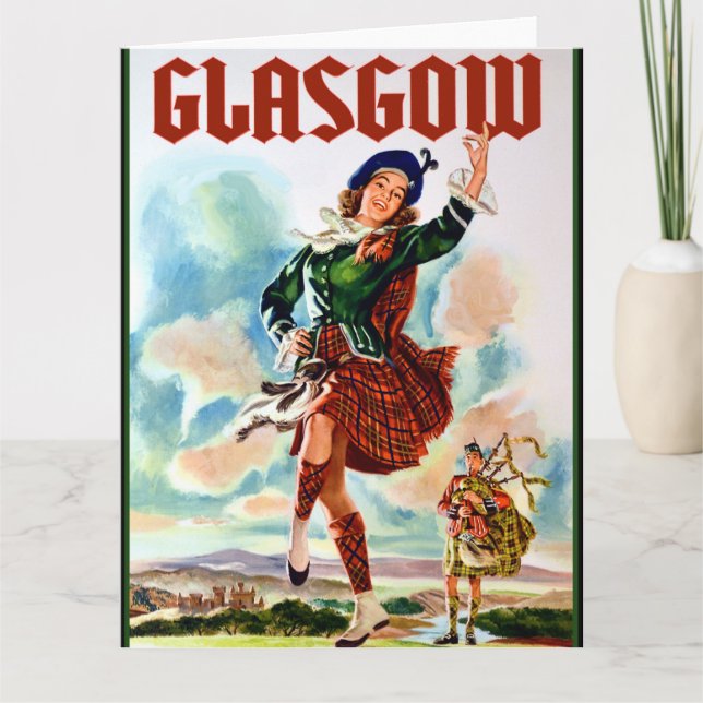 Glasgow Scottisn Girl Dancing with Bagpiper Thank You Card (Front)