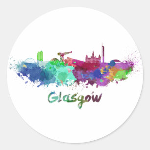 Glasgow skyline in watercolor classic round sticker