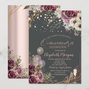 Glass Balloons Glitter Heels Flowers Quinceañera Invitation