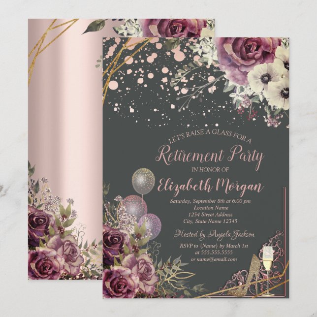 Glass Balloons Glitter Heels Flowers Retirement Invitation (Front/Back)