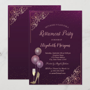 Glass Balloons Glitter Heels Violet Retirement Invitation