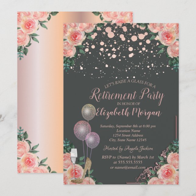 Glass Balloons Heels Floral Rose Gold  Retirement Invitation (Front/Back)