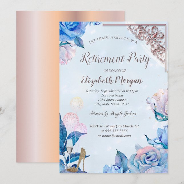 Glass Balloons,Heels Rose Gold,Flowers  Retirement Invitation (Front/Back)