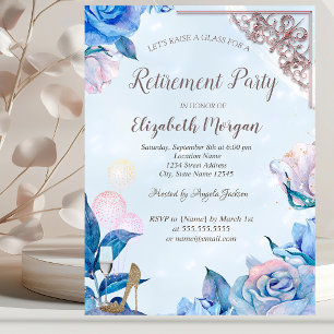 Glass Balloons,Heels Rose Gold,Flowers Retirement Invitation
