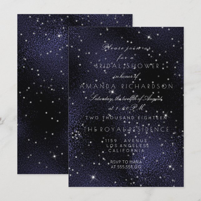 Glass Blue Navy Silver Stars Bridal Bachelorette Invitation (Front/Back)