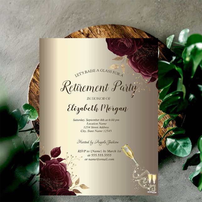 Glass Bottle,Burgundy Roses Champagne Retirement  Invitation (Creator Uploaded)