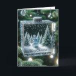 Glass Christmas Snowman Ornament Holiday Card<br><div class="desc">A festive snowman scene is captured inside a sparkling glass ornament from a Christmas tree surrounded by twinkling lights and Merry Christmas text</div>