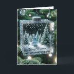 Glass Christmas Snowman Ornament Holiday Card<br><div class="desc">A festive snowman scene is captured inside a sparkling glass ornament from a Christmas tree surrounded by twinkling lights and Merry Christmas text</div>