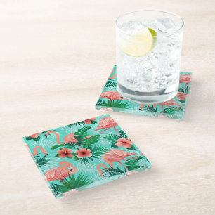 Glass Coaster Flamingo Tropical Palms