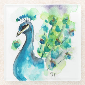 Glass Coaster- Peacock Watercolors Glass Coaster