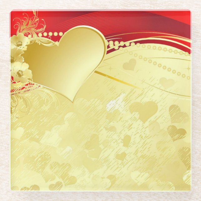Glass Coaster/Red and Gold Hearts Coaster (Front)