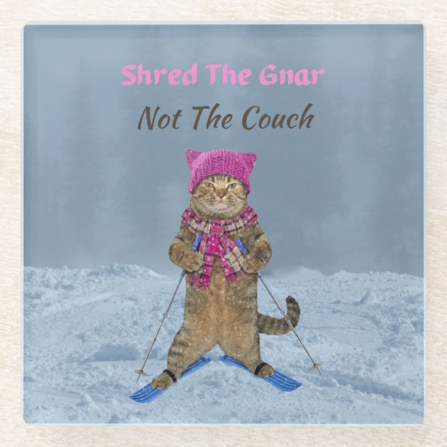 Glass Coaster, Shred the Gnar Ski Cat Glass Coaster (Front)