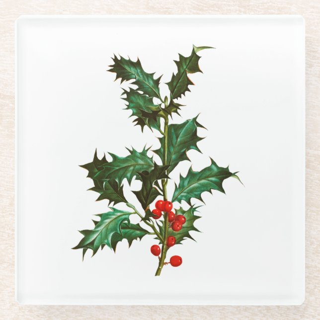 GLASS COASTER : VINTAGE CHRISTMAS HOLLY (Front)