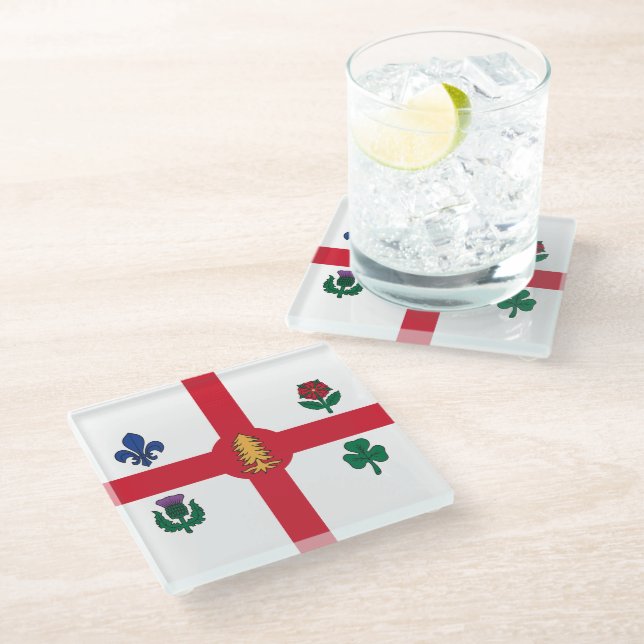 Glass coaster with flag of Montreal, Canada (Angled)