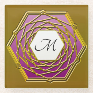 Glass Coaster With Gold Wine Red Hexagon Design