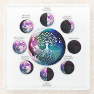Glass Coaster with Moon Phase Chart & Tree of Life