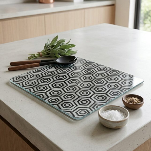 Glass Cutting Board Black White Hexagon Geometric (Creator Uploaded)