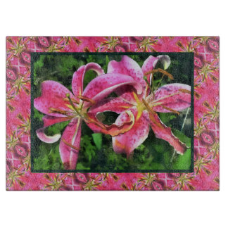Glass Cutting Board Pink Lilies