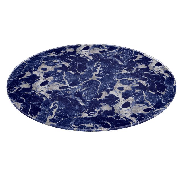 Glass Cutting Board Round — Blue & Silver Marble (Corner)
