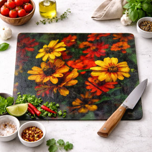 Glass Cutting Board Yellow Orange Daisy Botanical