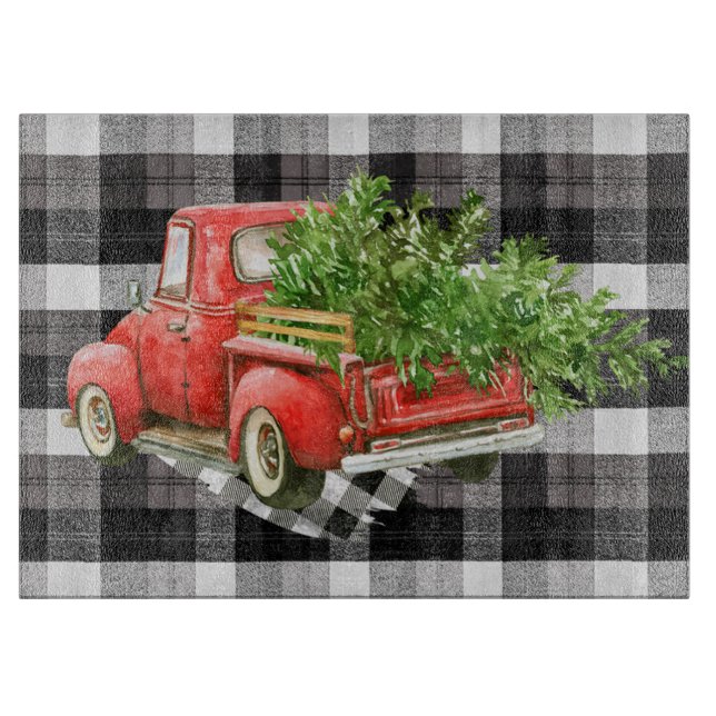 Glass Cutting XMAS Truck Baffalo Plaid Black White Cutting Board (Front)