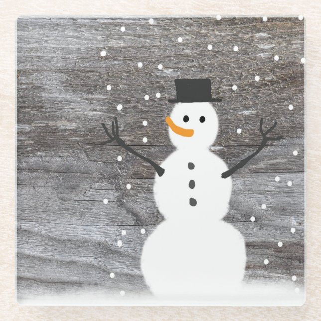 Glass drink Coaster rustic Christmas cute snowman (Front)