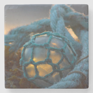 Glass fishing float, Sunset, Alaska Stone Coaster