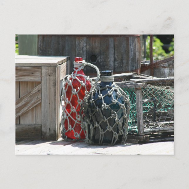 Glass fishing floats red blue infront postcard (Front)