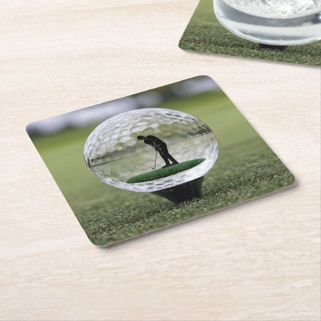 Glass Golf Ball With Golf Player Inside, Square Paper Coaster (Angled)